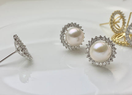 One Pair 925 Sterling Silver/Gold Earring Studs Setting Genuine 925 Silver W/CZ For Half Drilled Pearls DIY Bridal Jewelry #10074