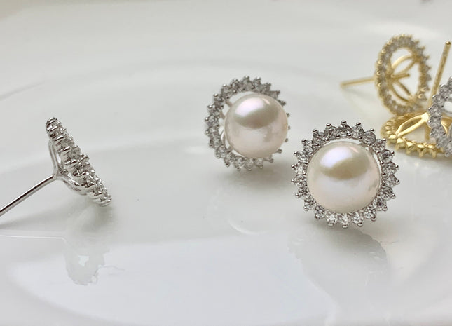 One Pair 925 Sterling Silver/Gold Earring Studs Setting Genuine 925 Silver W/CZ For Half Drilled Pearls DIY Bridal Jewelry #10074