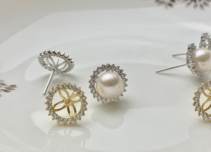 One Pair 925 Sterling Silver/Gold Earring Studs Setting Genuine 925 Silver W/CZ For Half Drilled Pearls DIY Bridal Jewelry #10074