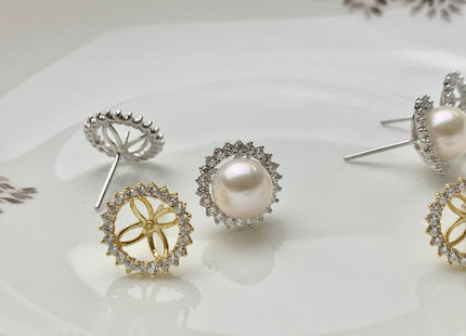 One Pair 925 Sterling Silver/Gold Earring Studs Setting Genuine 925 Silver W/CZ For Half Drilled Pearls DIY Bridal Jewelry #10074