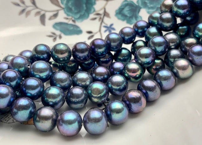 10.5-11.5mm AAA Large Hole Half Strand Blue Peacock Round Freshwater Pearl Beads Hole Size 1.2mm 2.2mm 19 Beads #P1089