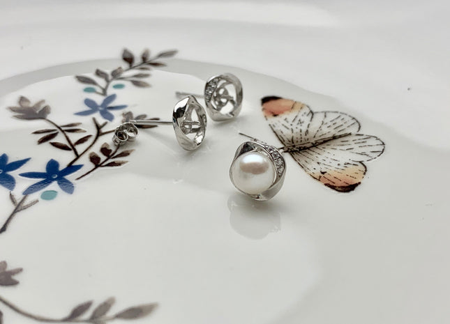 One Pair 925 Sterling Silver Setting Findings For Half Drilled Pearls Crest Shape Design Sterling Silver Findings #10053-A