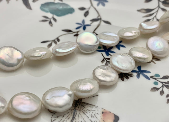 13-13.5 mm AA High Luster Natural White Flat Coin Cultured Freshwater Pearls, Natural Color Genuine Freshwater Pearl Beads #1242