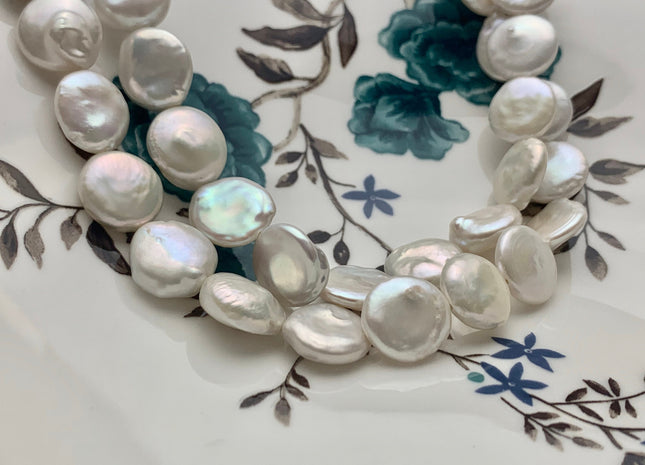 13-13.5 mm AA High Luster Natural White Flat Coin Cultured Freshwater Pearls, Natural Color Genuine Freshwater Pearl Beads #1242