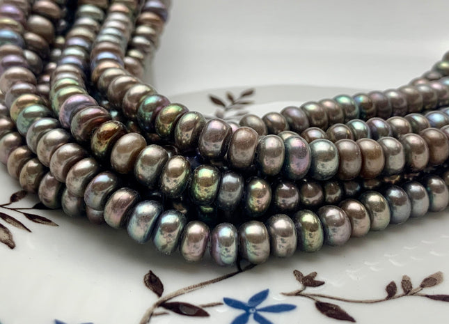 7mm AAA Abalone Gray Half Strand Large Hole Freshwater Button Potato Pearl Hole Size 1.2mm/1.5mm High Luster W/Iridescent Gray Color #P1101