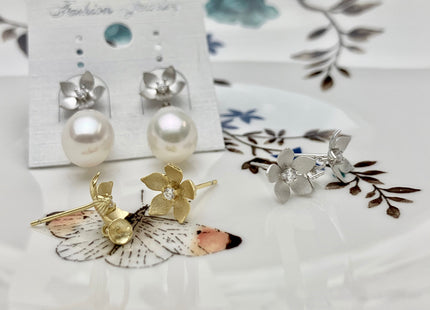 One Pair 925 Sterling Silver/Gold Earring Studs Setting Genuine 925 Silver Flower Shape Design For Half Drilled Pearls DIY Jewelry #10055-A