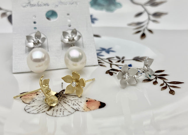 One Pair 925 Sterling Silver/Gold Earring Studs Setting Genuine 925 Silver Flower Shape Design For Half Drilled Pearls DIY Jewelry #10055-A