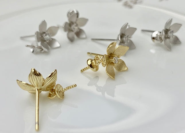 One Pair 925 Sterling Silver/Gold Earring Studs Setting Genuine 925 Silver Flower Shape Design For Half Drilled Pearls DIY Jewelry #10055-A