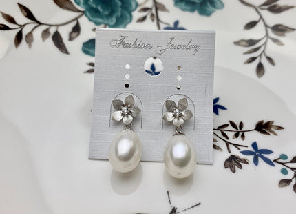 10x12mm AAA Natural White Freshwater Pearl Earrings With Classic Flower Design W/CZ 925 Sterling Silver Pearl Earrings #10055-B