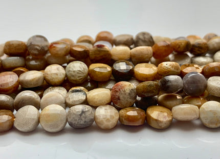 6 mm Micro Faceted Diamond Cut Picture Jasper Flat Coin Disc Shape Gemstone Beads Genuine Wood Color Picture Jasper 15 Inches Strand #3175