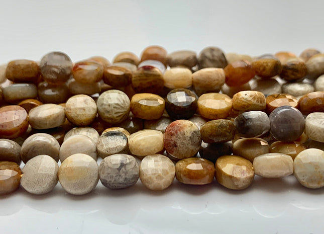 6 mm Micro Faceted Diamond Cut Picture Jasper Flat Coin Disc Shape Gemstone Beads Genuine Wood Color Picture Jasper 15 Inches Strand #3175