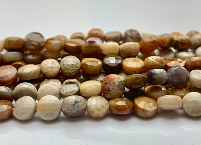6 mm Micro Faceted Diamond Cut Picture Jasper Flat Coin Disc Shape Gemstone Beads Genuine Wood Color Picture Jasper 15 Inches Strand #3175