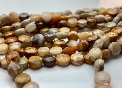 6 mm Micro Faceted Diamond Cut Picture Jasper Flat Coin Disc Shape Gemstone Beads Genuine Wood Color Picture Jasper 15 Inches Strand #3175