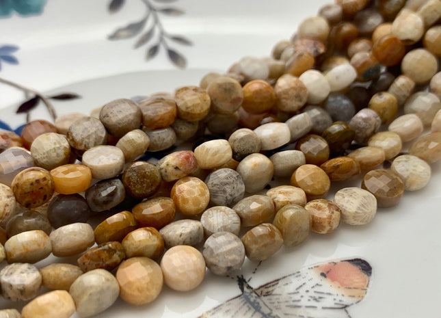 6 mm Micro Faceted Diamond Cut Picture Jasper Flat Coin Disc Shape Gemstone Beads Genuine Wood Color Picture Jasper 15 Inches Strand #3175