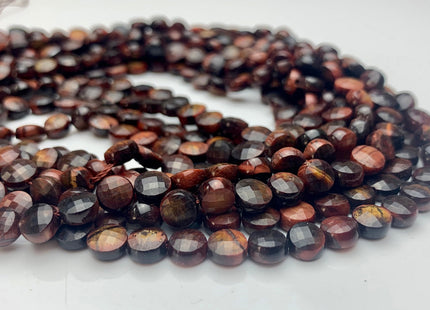 6mm Micro Faceted Diamond Cut Mahogany Red Color Tiger Eye Flat Coin Disc Shape Genuine Tiger Eye Gemstone Beads 15.5 Inches Strand #3171