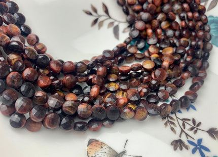 6mm Micro Faceted Diamond Cut Mahogany Red Color Tiger Eye Flat Coin Disc Shape Genuine Tiger Eye Gemstone Beads 15.5 Inches Strand #3171