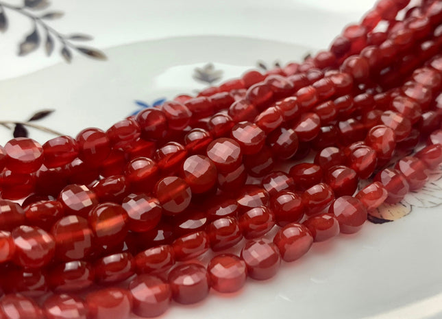 6 mm Micro Faceted Diamond Cut Carnelian Flat Coin Disc Shape Gemstone Beads Genuine Natural Red Carnelian 15 Inches Strand #3167