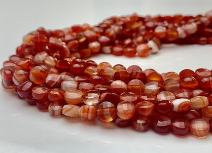 6 mm Micro Faceted Diamond Cut Orange Red Line Agate Flat Coin Disc Shape Gemstone Beads Genuine Natural Color Agate 15 Inches Strand #3160