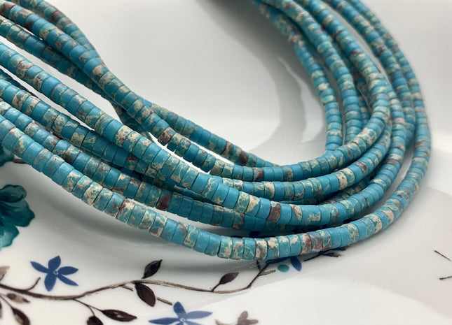 2x4mm Aqua Blue Color Impression Jasper Heishi Rondelle Shape Genuine Blue Sea Sediment Jasper Discs Gemstone Beads 15.5 Inches Strand #3131