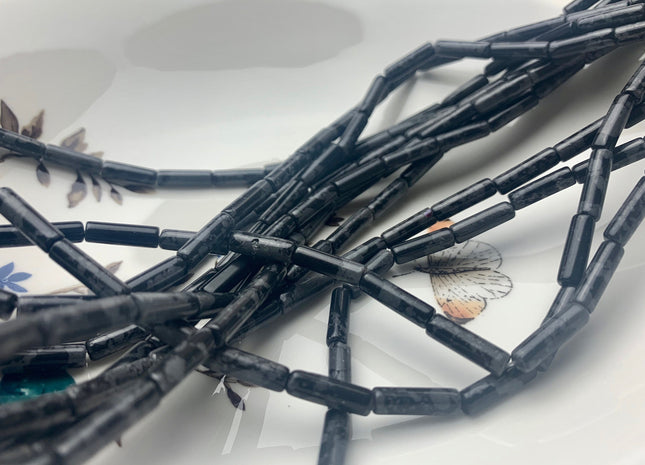 4x13-14 mm Tube Shape Natural Snowflake Jasper Gemstone Beads Genuine Black Snowflake Jasper Gemstones Loose Beads 15.5 Inches Strand #3141