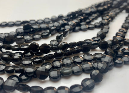 6 mm Micro Faceted Diamond Cut Golden Obsidian Flat Coin Disc Shape Gemstone Beads Genuine Natural Golden Black Color 15 Inches Strand #3169
