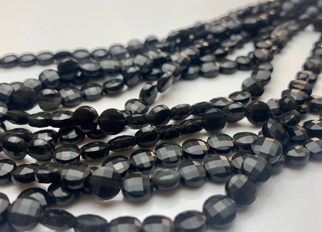 6 mm Micro Faceted Diamond Cut Golden Obsidian Flat Coin Disc Shape Gemstone Beads Genuine Natural Golden Black Color 15 Inches Strand #3169