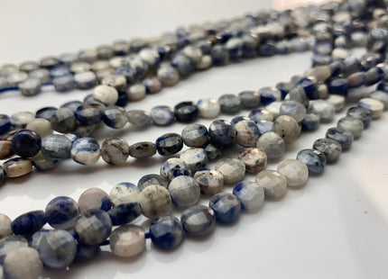 6 mm Micro Faceted Diamond Cut Sodalite Flat Coin Disc Gemstone Beads Genuine Natural Blue And White Color Sodalites 15 Inches Strand #3180