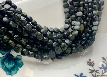 6 mm Micro Faceted Diamond Cut Green Wave Jasper Flat Coin Disc Shape Gemstone Bead Genuine Natural Green Black Color Jasper 15 Inches #3166