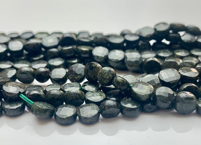 6 mm Micro Faceted Diamond Cut Green Wave Jasper Flat Coin Disc Shape Gemstone Bead Genuine Natural Green Black Color Jasper 15 Inches #3166