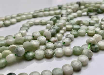 6 mm Micro Faceted Diamond Cut Light Green Jade Flat Coin Disc Shape Gemstone Beads Genuine Natural Jade 15 Inches Strand #3221