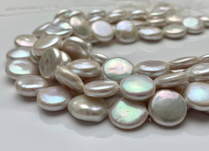 12-14mm AAAAA High Luster Top Quality Natural White Flat Coin Freshwater Pearls Genuine Very Rare Round Coin Pearl 8 Inches 14 Beads #P1109