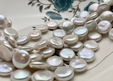 12-14mm AAAAA High Luster Top Quality Natural White Flat Coin Freshwater Pearls Genuine Very Rare Round Coin Pearl 8 Inches 14 Beads #P1109