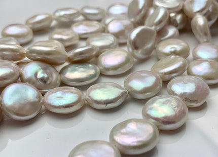 14-16mm AAA High Luster Top Quality Natural White Flat Coin Freshwater Pearl Genuine Very Rare Round Coin Pearl 8 Inches 13-14 Beads #P1108