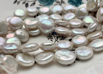 14-16mm AAA High Luster Top Quality Natural White Flat Coin Freshwater Pearl Genuine Very Rare Round Coin Pearl 8 Inches 13-14 Beads #P1108