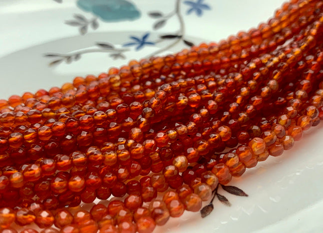 3mm 4mm AAA Natural Faceted Round Carnelian Agate Gemstone Beads Natural Dark Orange Red Carnelian Tiny Beads 15 Inches Strand #3280