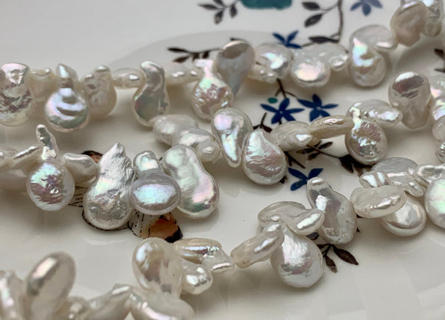 10 x 15-17 mm High Luster Natural White Top Drilled Teardrop Coin Freshwater Pearl Beads Genuine Cultured Flat Coin Pearl Beads #586