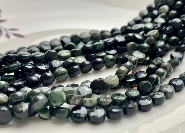 6 mm Micro Faceted Diamond Cut Green Wood Jasper Flat Coin Disc Shape Gemstone Bead Genuine Natural Dark Green Color Jasper 15 Inches #3223