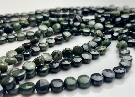 6 mm Micro Faceted Diamond Cut Green Wood Jasper Flat Coin Disc Shape Gemstone Bead Genuine Natural Dark Green Color Jasper 15 Inches #3223