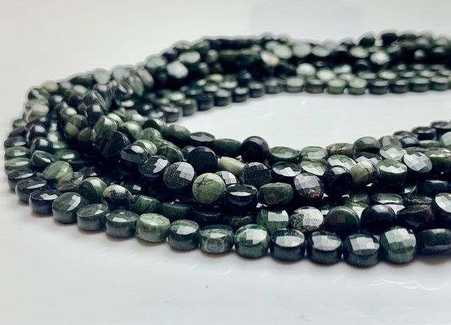 6 mm Micro Faceted Diamond Cut Green Wood Jasper Flat Coin Disc Shape Gemstone Bead Genuine Natural Dark Green Color Jasper 15 Inches #3223