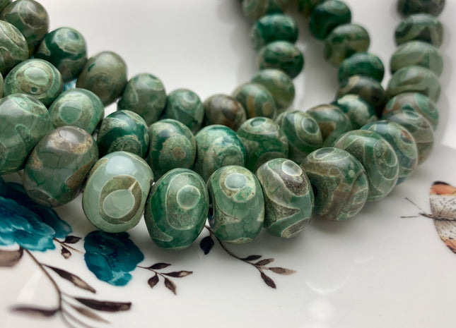 9x14mm 12x16mm AAA DZI Tibetan Agate Faceted Drum Shape Multi Green Color Eye Agate Gemstone Mala Antique Boho Beads 12 Inches #3240