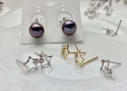 One Pair 925 Sterling Silver/Gold Earring Studs Setting Genuine 925 Silver Star Shape Design For Half Drilled Pearls DIY Jewelry #10058-A