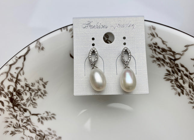 8x11mm AAAA Natural White Peacock Pink Freshwater Pearl Earrings With Classic Oval Design W/CZ 925 Sterling Silver Pearl Earrings #10061-B