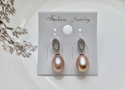 8x11mm AAAA Natural White Peacock Pink Freshwater Pearl Earrings With Classic Oval Design W/CZ 925 Sterling Silver Pearl Earrings #10061-B