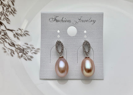 8x11mm AAAA Natural White Peacock Pink Freshwater Pearl Earrings With Classic Oval Design W/CZ 925 Sterling Silver Pearl Earrings #10061-B