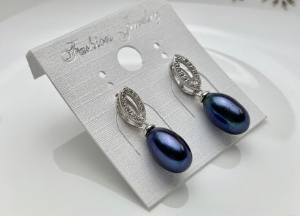 8x11mm AAAA Natural White Peacock Pink Freshwater Pearl Earrings With Classic Oval Design W/CZ 925 Sterling Silver Pearl Earrings #10061-B