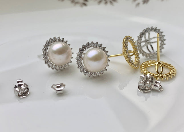 One Pair 925 Sterling Silver/Gold Earring Studs Setting Genuine 925 Silver W/CZ For Half Drilled Pearls DIY Bridal Jewelry #10074