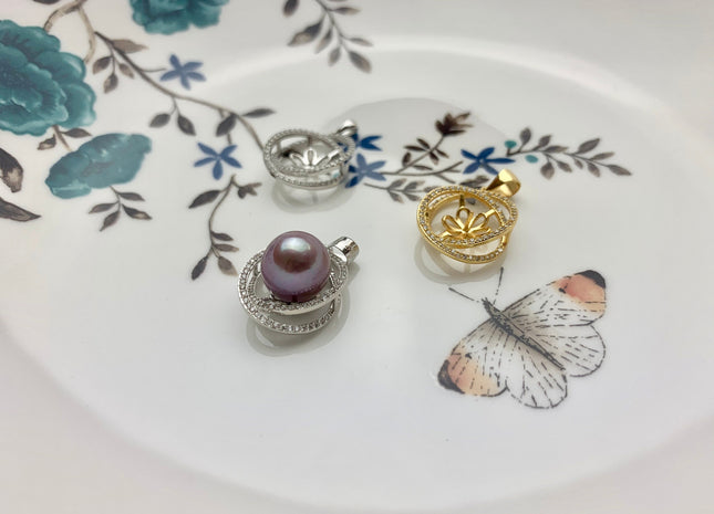 One Piece 925 Sterling Silver/Gold Pendant Setting Findings For Half Drilled Pearls Galaxy Design W/CZ Sterling Silver Pendant #10075-A