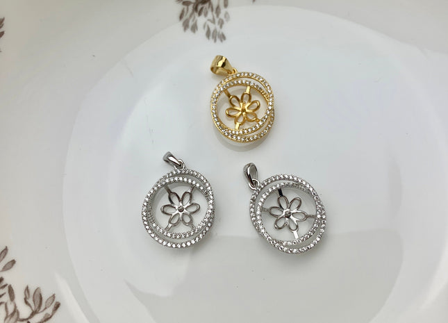 One Piece 925 Sterling Silver/Gold Pendant Setting Findings For Half Drilled Pearls Galaxy Design W/CZ Sterling Silver Pendant #10075-A