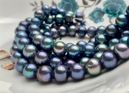 10.5-11.5mm AAA Large Hole Half Strand Blue Peacock Round Freshwater Pearl Beads Hole Size 1.2mm 2.2mm 19 Beads #P1089