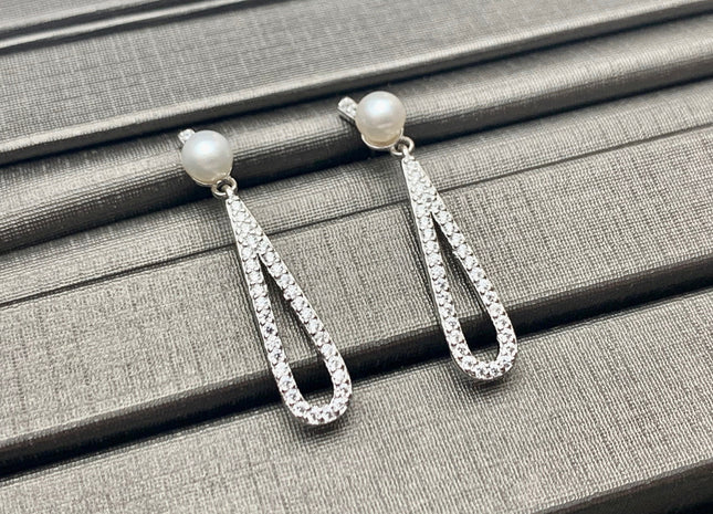 One Pair 925 Sterling Silver/Gold Stud Earring Setting With CZ Tear Drop Shape Earring DIY Dangle Findings For Half Drilled Pearls #10081-A